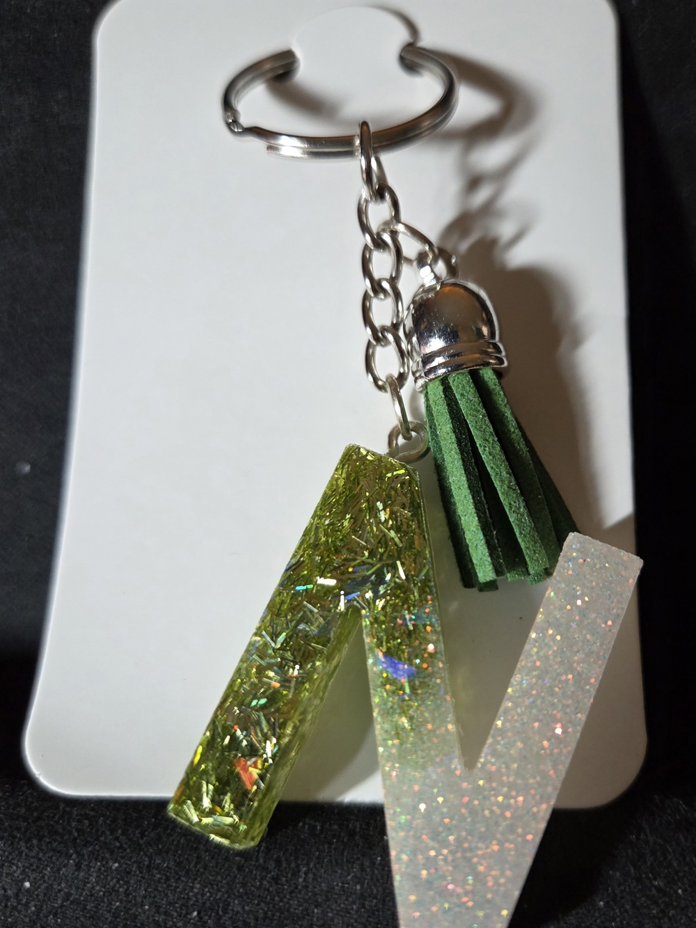 Green Tassel & Glitter "N" Initial Keychain - V Accent